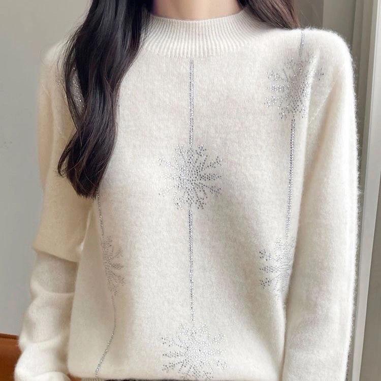 Women Sweater Christmas Style Half High Collar Long Sleeve Autumn Winter Thick Warm Pullovers Knitted Loose Bottoming Shirts Red Jumper