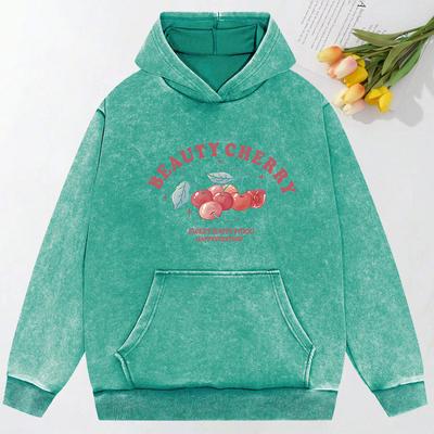 Beauty Cherry Art Letter Print Washed Hoody All-Match Oversized Hoodies Cotton Sportswear Couple Women Clothing