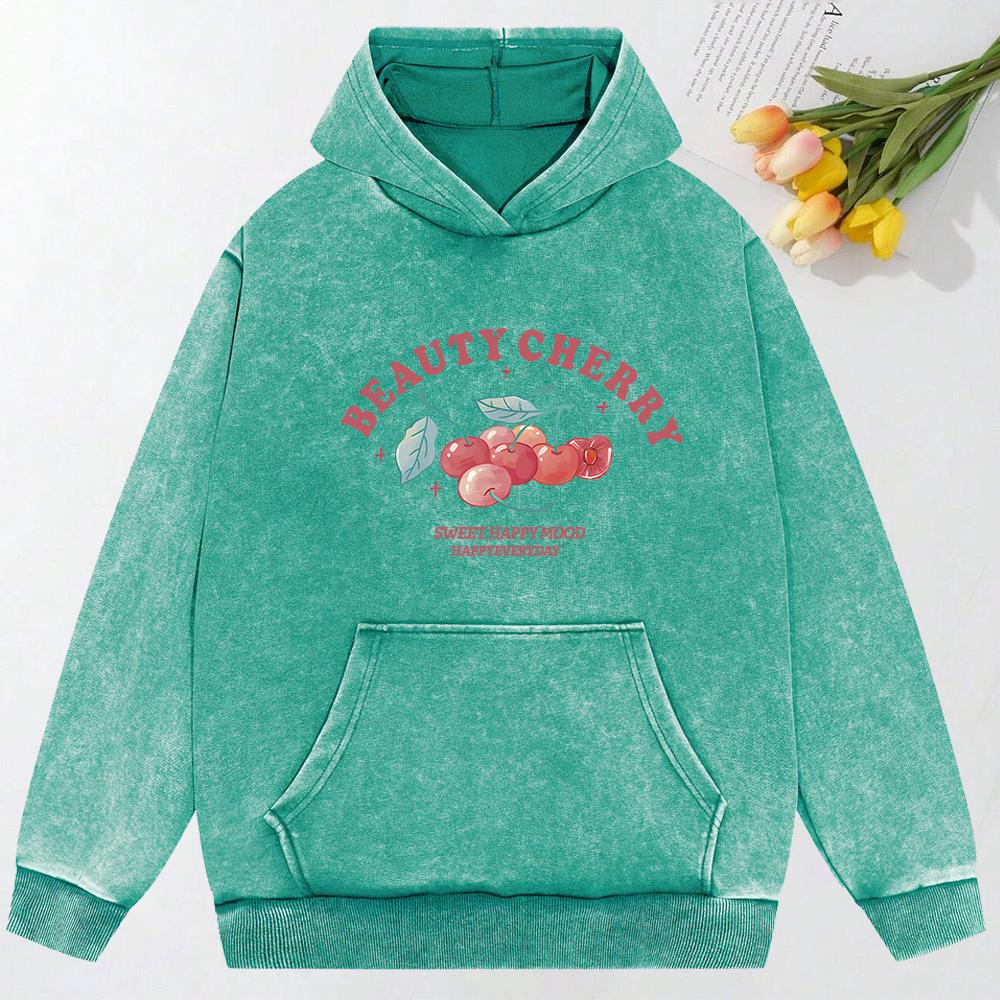 Beauty Cherry Art Letter Print Washed Hoody All-Match Oversized Hoodies Cotton Sportswear Couple Women Clothing