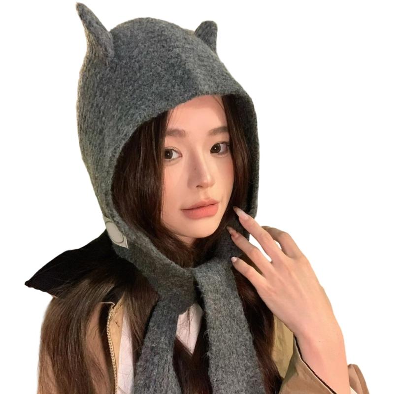 Lovely Devil Ear Knit Hat With Neck Wrap Breathable Pullover Hat For Women Daily Outfit and Outdoor Cycling Walking
