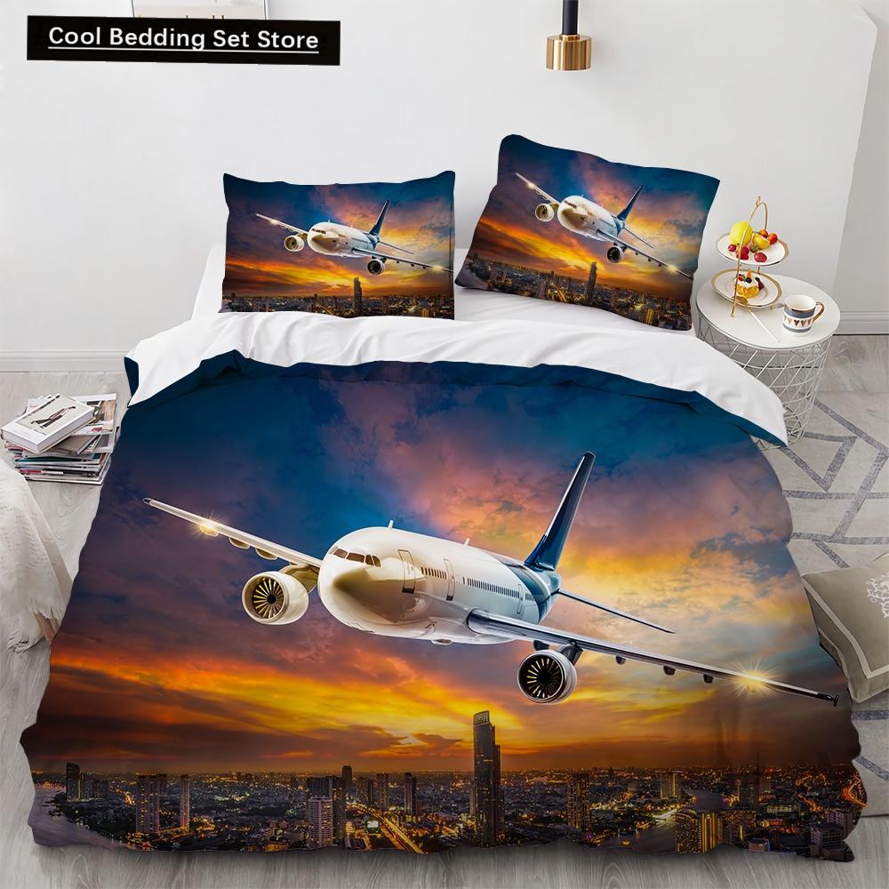 3D Airplane King Queen Duvet Cover Pink Airliner Bedding Set for Adults Sky Sea Natural Landscape 2/3pcs Polyester Quilt Cover