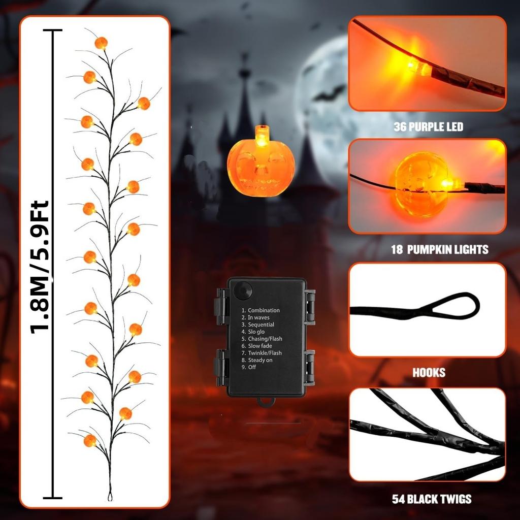 1PC 54LED Halloween Pumpkin Black Willow Vine Lights Orange LED Branch Lamp For Home Living Room Halloween Party Festival Decor