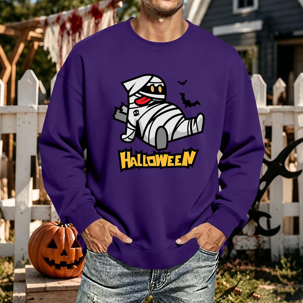 Men's Halloween Printed Long Sleeve T-Shirt Unisex Crewneck Casual Sports Top