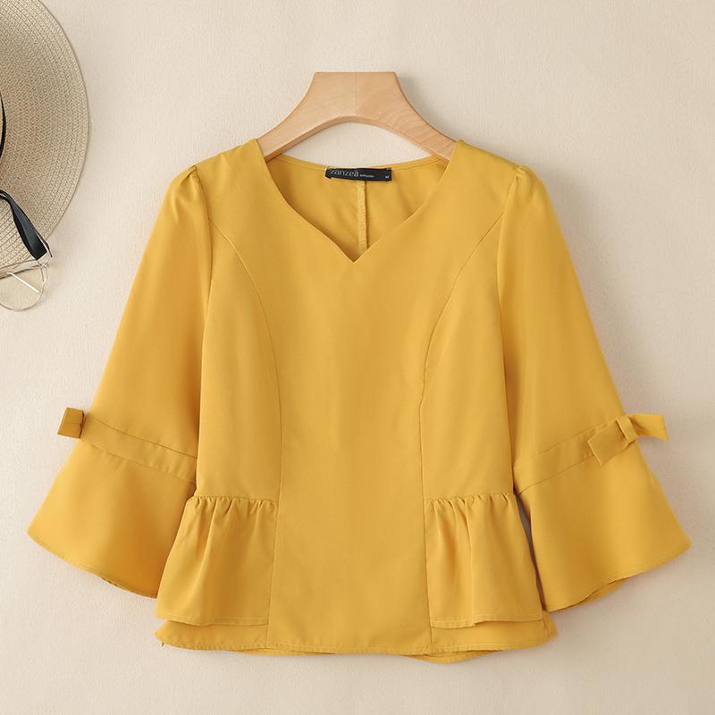 

ZANZEA Женская повседневная блузка с V-образным вырезом, свободного кроя, с рукавом 3/4, однотонная 3XL жёлтый