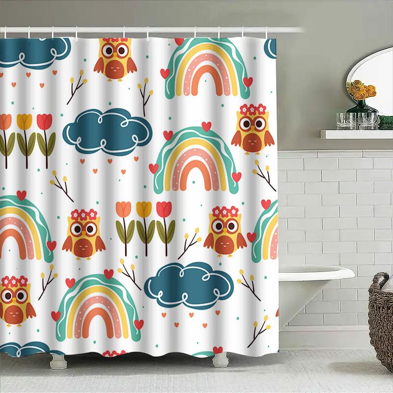 Creative Owl Pattern Shower Curtain Rainbows Clouds Bathroom Decor Waterproof Fabric Home Decoration Modern Washcloth White Size