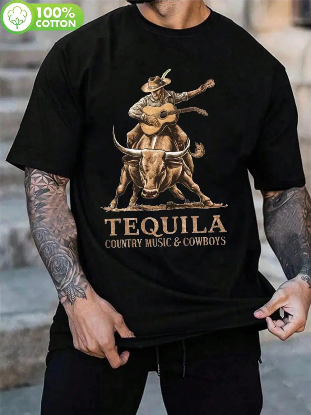 180g 100% Cotton Short Sleeve T-shirt - Black Cowboy Riding Bull & Tequila Graphic Print S