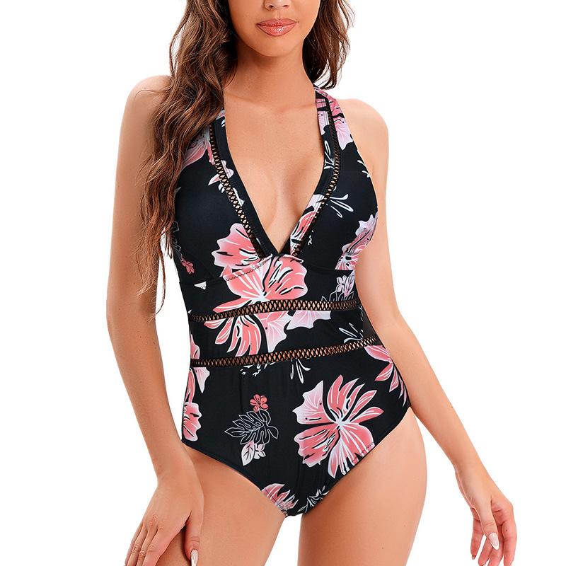 Popular Women's One-Piece Swimsuit Black Mesh V-Neck Cross Sexy Swimsuit Swimsuit