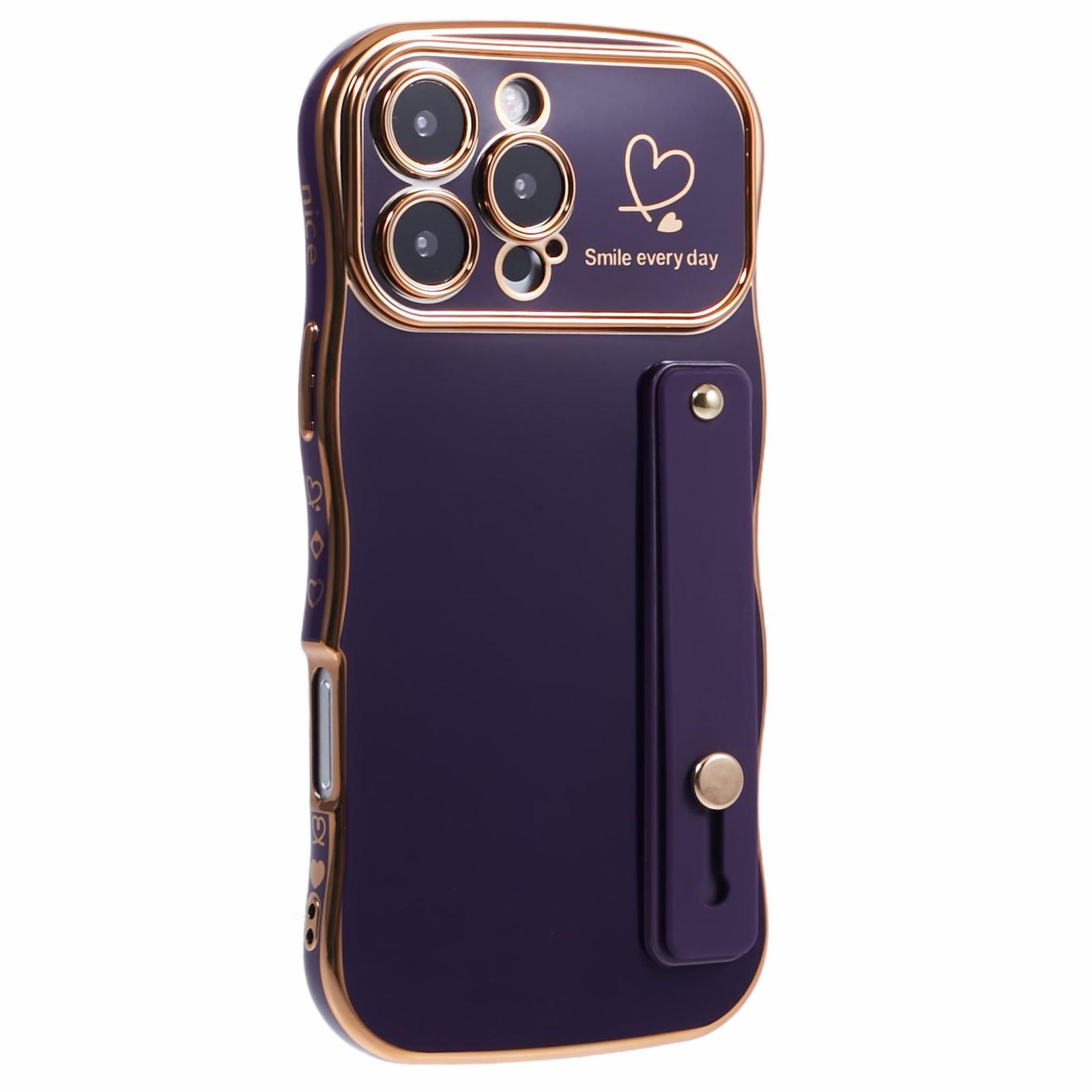 

For iPhone 16 Pro Case Love Heart Electroplated TPU Phone Cover with Wrist Strap Kickstand Dark Purple