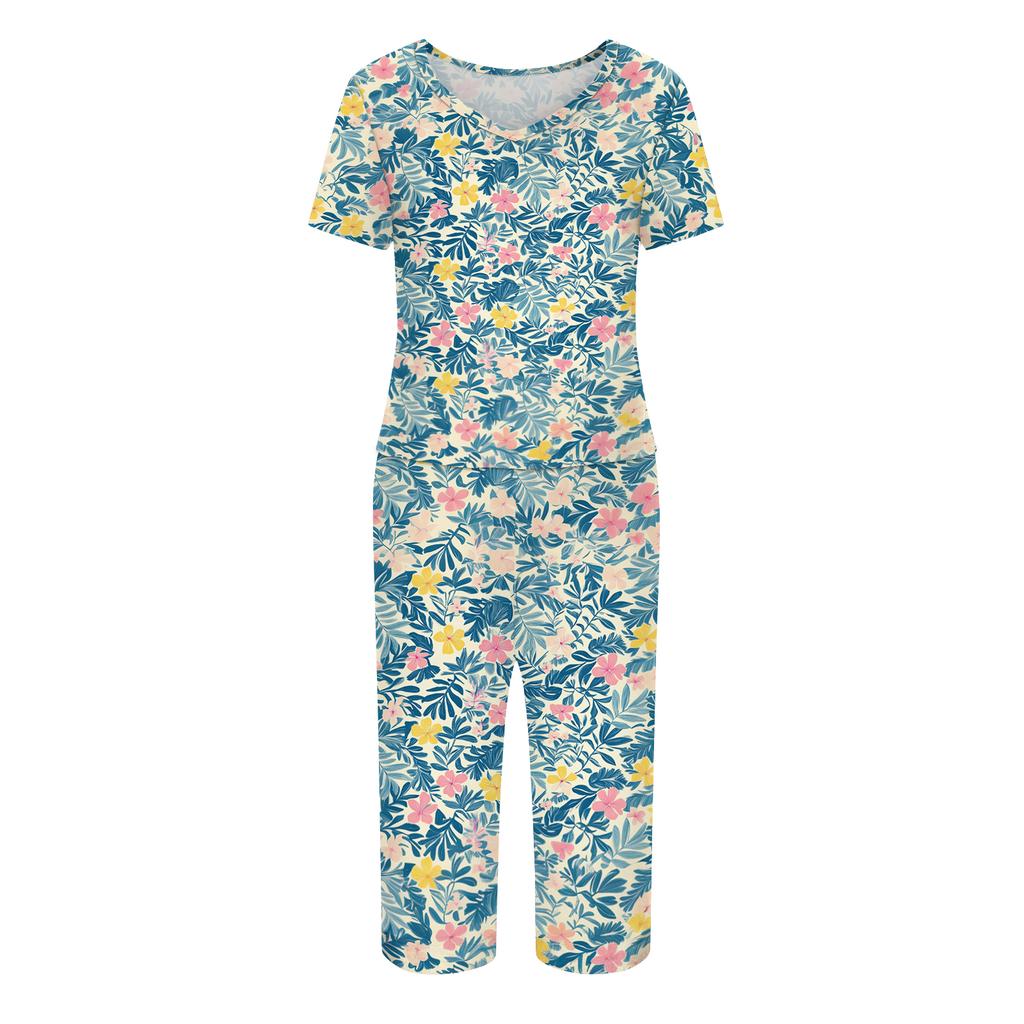 2 Piece Sets For Women Short Sleeve Top And Pants With Pockets Workout Soft Print Sets