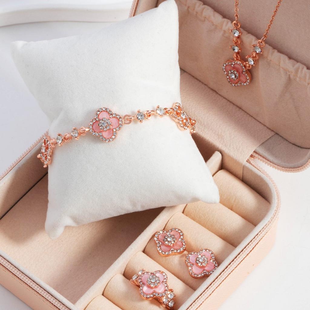 4PCS Diamond Clover Pink Bracelet Necklace Earrings Ring Set Niche Premium Light Luxury Women's