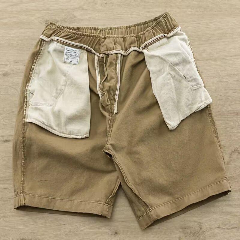 American Retro Khaki Cargo Shorts - Mid-Length, Elastic Waist, Casual Drawstring, Trendy Men's Summer Pants