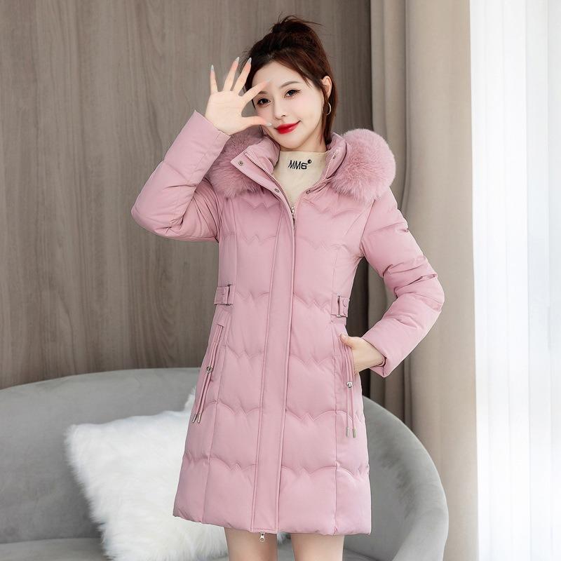 New Big Fur Collar Padded Jacket Winter Coat Fashion Medium and Long Hooded Padded Jacket Waist Rope Thin Padded Jacket Women