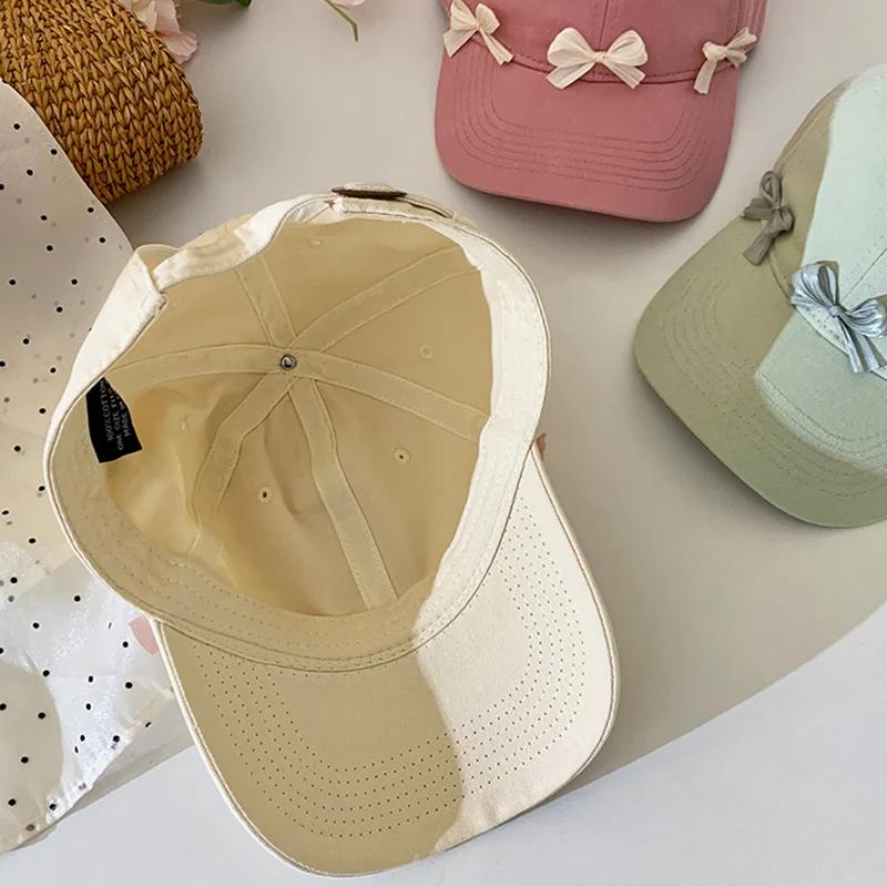 Sweet Korean Pink Bow Baseball Cap For Lady Girl Soft Cotton Adjustable Peaked Hat Outdoor Wide Brim Sun Protection Visors Hats