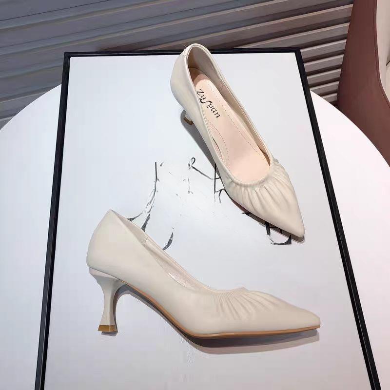Korean Version of the New Gentle Fairy Wind Pleated Shoes Pointed Head Shallow Mouth Thin Heel Single Shoes Women's Versatile Soft Leather High Heels