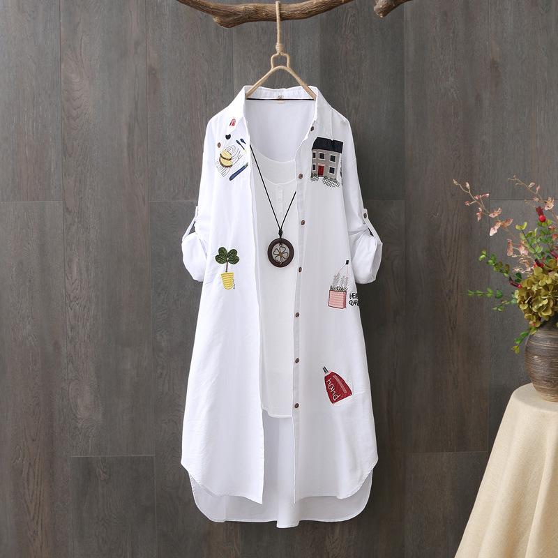 Korean Style Cotton Embroidered Long Sleeve Casual Shirt for Women