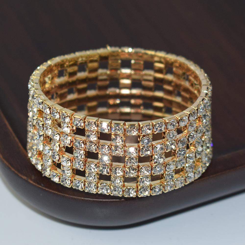 Europe and America Cross Border Fashion Multi-Layer Elastic Hollow Rubber Band Full Rhinestone Bracelet Exaggerated Wide Bangle