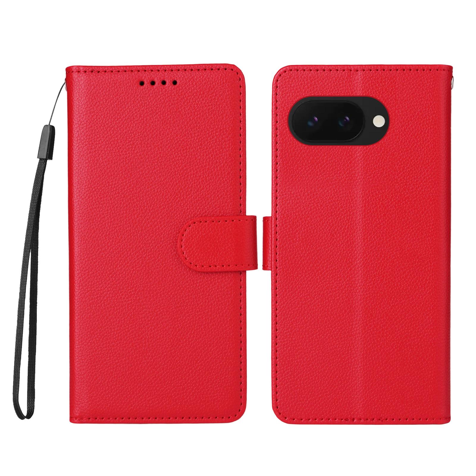 

For Google Pixel 9a Case RFID Blocking 3 Card Slots PU Leather Phone Cover with Wrist Strap Red