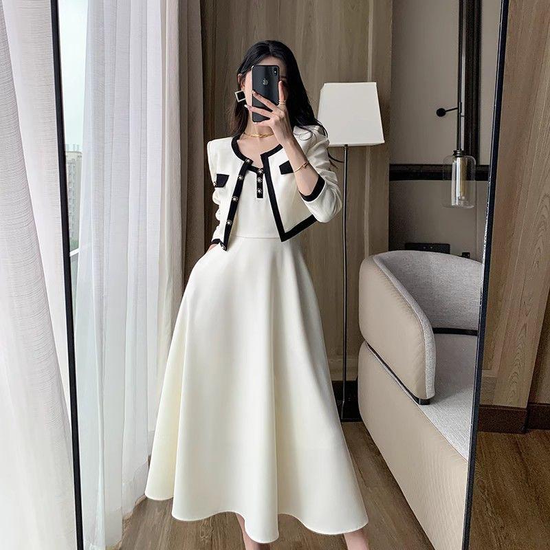 

Women s Autumn 2025 French Two-Piece Set: Waist-Cinching Camisole Dress with Draped Long-Sleeve Short Jacket S