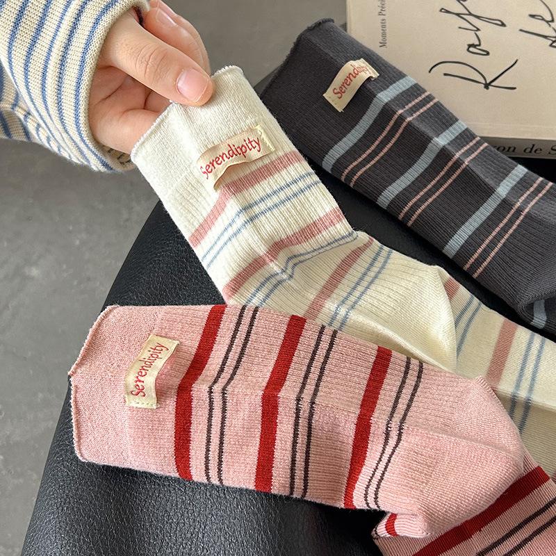 Retro Color-blocking Striped Socks for Women, Mid-calf Socks In Autumn, Trendy Letter-label Pile Socks, Boneless Socks