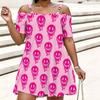 Women Plus Size Cold Shoulder Chain Straps Short Sleeve Smiley Face Printed Pink Loose Dress
