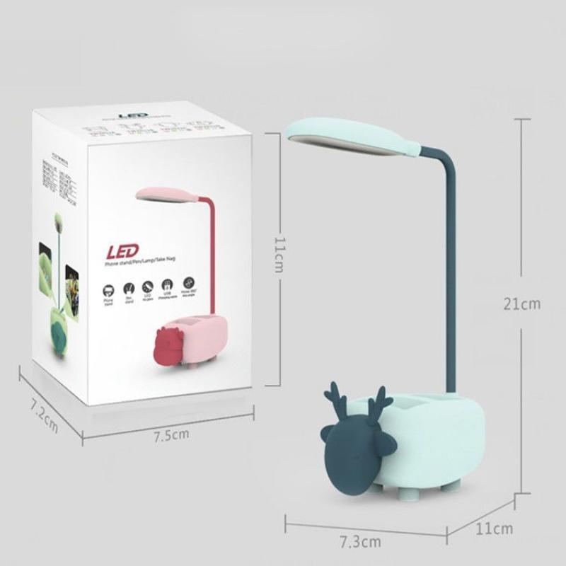Studie Kleine Schreibtischlampe USB Wiederaufladbare Nachttischlampe Wohnheim Lese-Nachtlicht mit Stifthalter Cartoon Schreibtischlampe