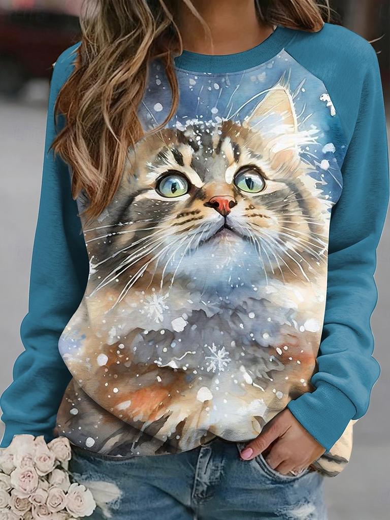 Christmas Women's Sweatshirts Cute Cat Graphic Casual Long Sleeve O-Neck Regular Tops Streetwear Casual Pullover  Fall Winter