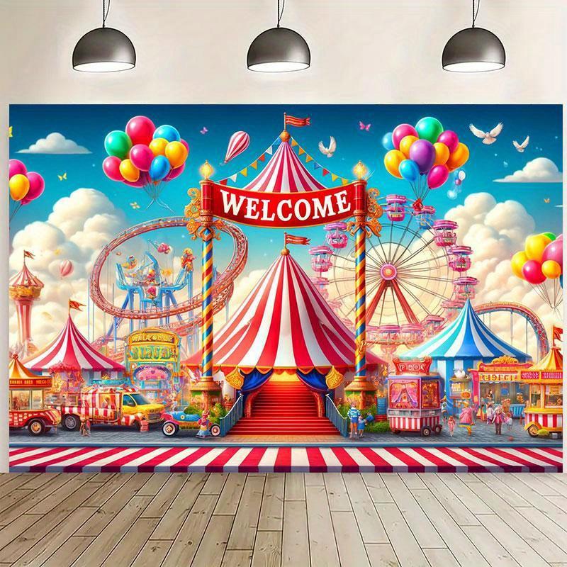 A Vibrant Amusement Park Welcome Banner - Large-sized Polyester Fiber Party Backdrop, Party Decorations