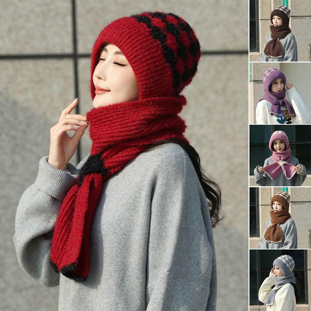 Thickened Knitted Hat Scarf Windproof Ear Protection Cap Casual Beanie Hat for Women