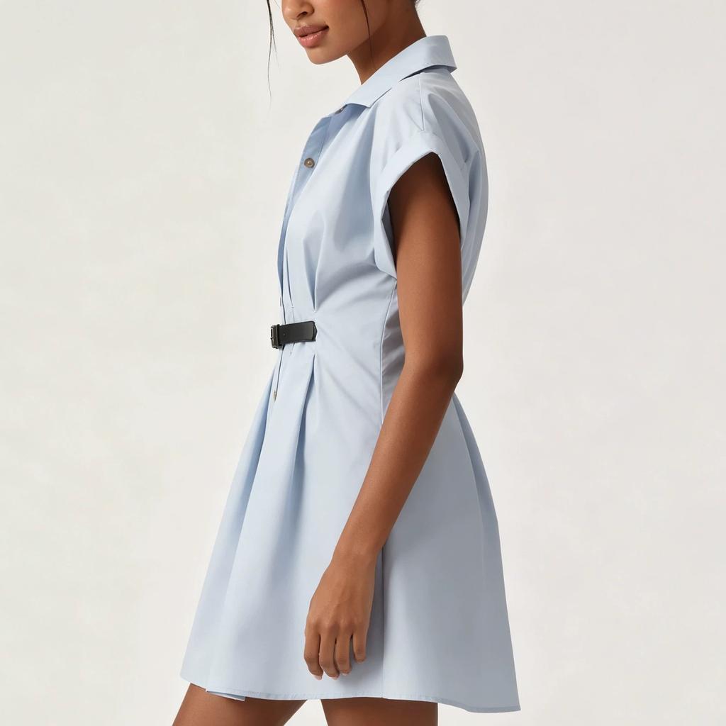 New European and American Women's Retro Style Commuting Slim Fit Solid Color Short-sleeved Lapel Shirt Short Dress