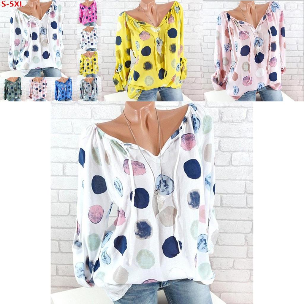 Elegant Women Summer Fashion Long Sleeve Blouse V-neck Stylish Dot Printed Shirts Tops