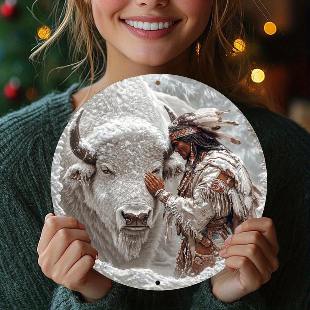 Round Aluminum Wall Art Sign, Vintage Buffalo & Native American Metal Plaque, Universal Holiday Theme