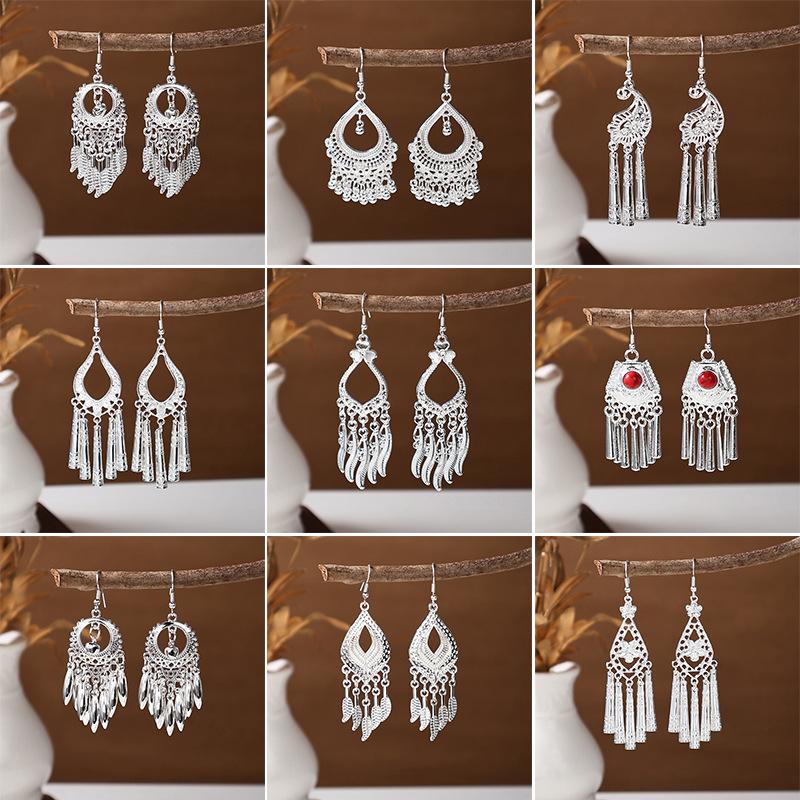Ethnic Miao Silver Tassel Earrings - Retro Long Dangle Scenic Studs for Women