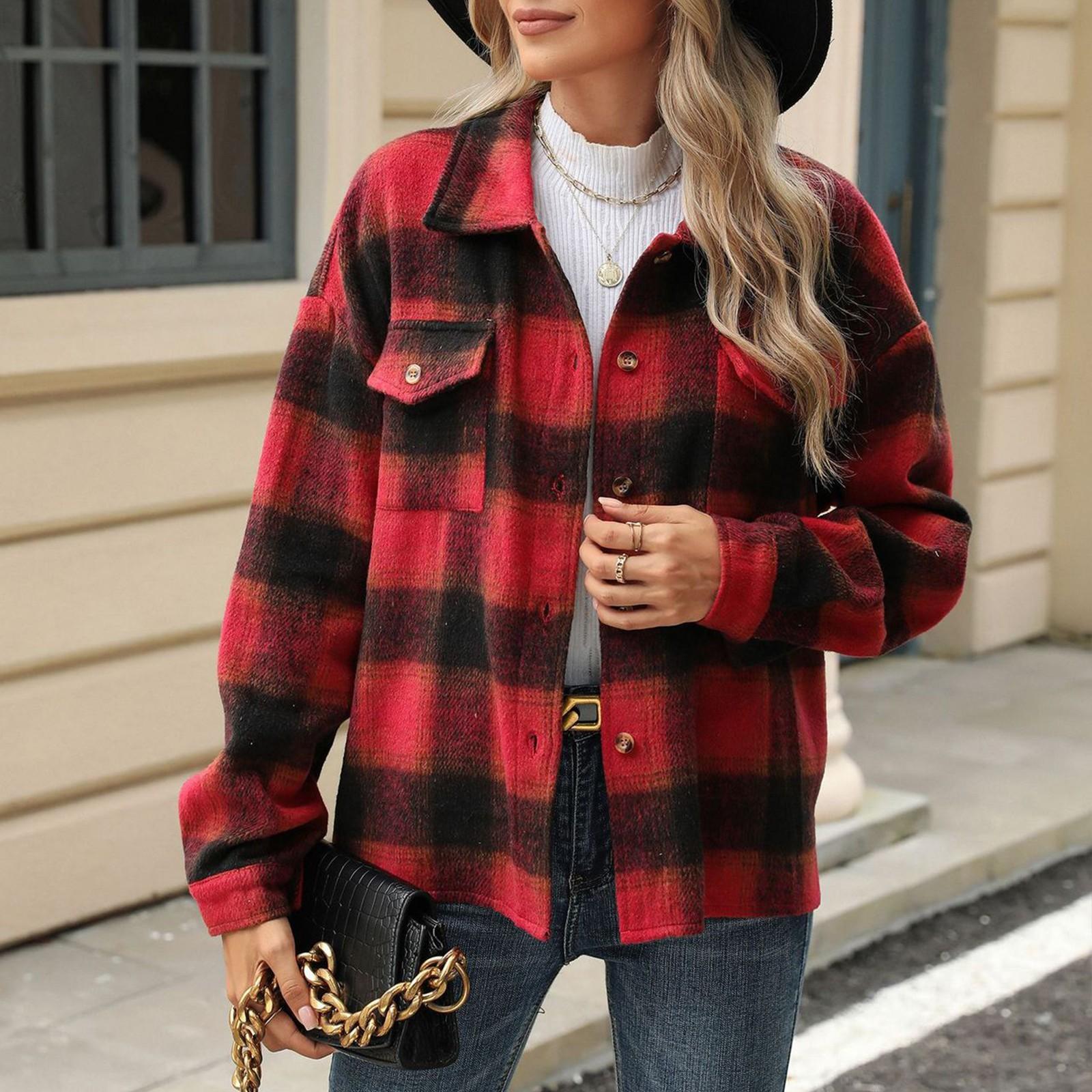 

Женская свободная повседневная клетчатая шерстяная куртка с длинными рукавами и лацканами, модная куртка M красный