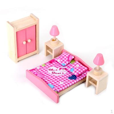 12. Puppenhaus-Möbel aus Holz, Schlafzimmer, Bett, Kissen, Kleiderschrank, Nachttisch-Set, rosa Accessoires