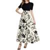 Women's Fashion Casual Belt Short Sleeve Round Neck Print Stitching Elegant Temperament Dress