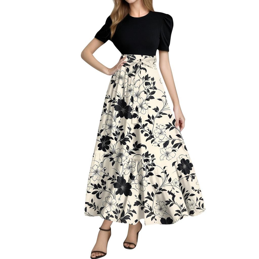 Women's Fashion Casual Belt Short Sleeve Round Neck Print Stitching Elegant Temperament Dress
