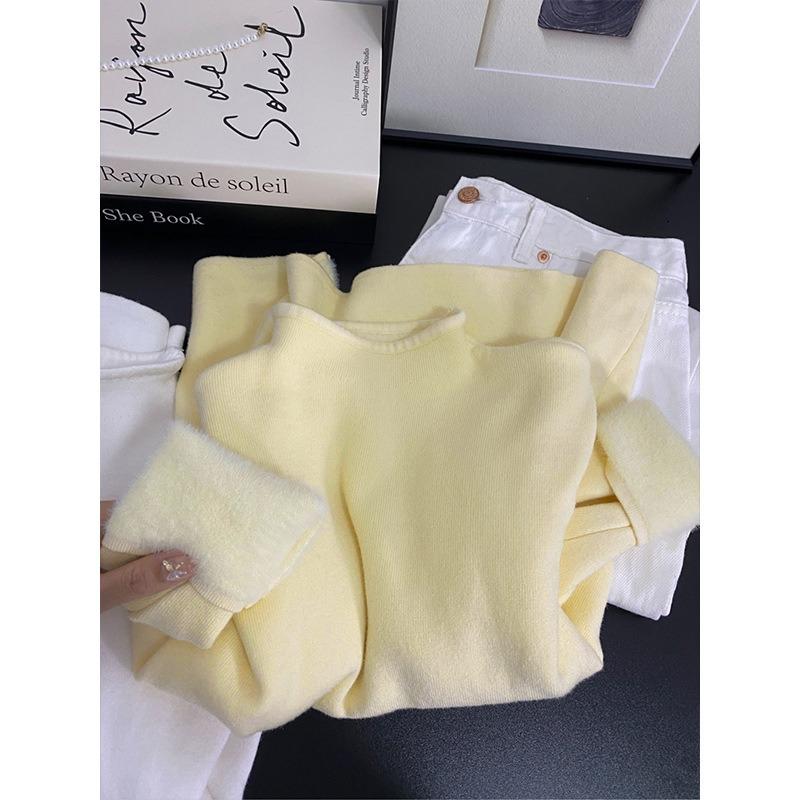 A semi-turtleneck sweater for women's spring, autumn and winter integrated fleece with thickened warm knitted bottoming top