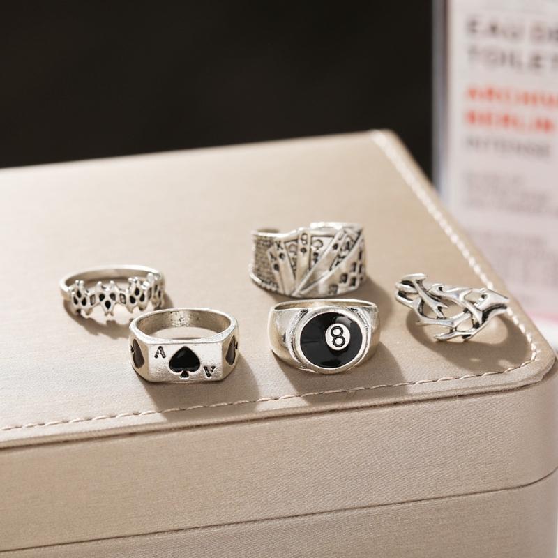 5 Pieces Punk Poker Billiards Rings for Women Funny Goth Hip Hop Retro Fashion Male Couple Birthday Festival Jewelry