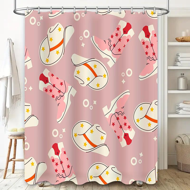 Adorable Cartoon Pattern Shower Curtain Pink Stars Shoes Design For Bathroom Decoration