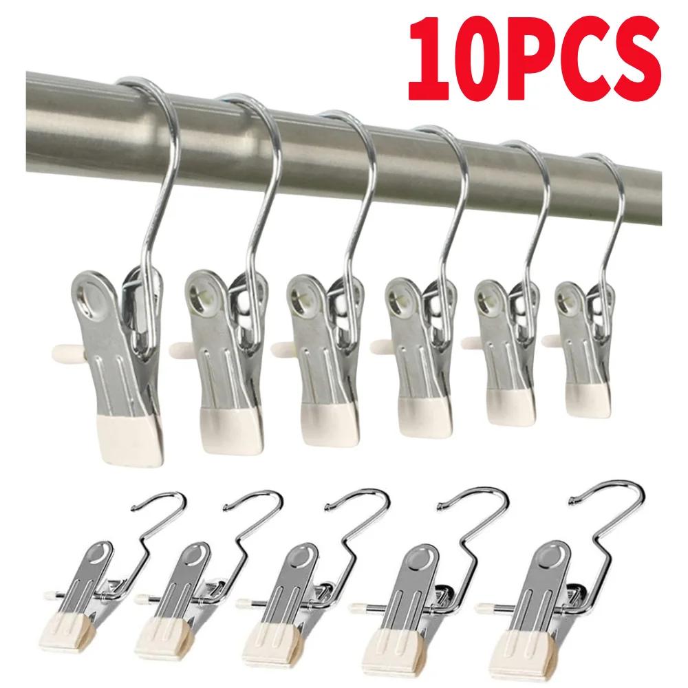 10pcs Stainless Steel Clothespin Pants Clamp Non-slip Trouser Hanger Practical Multi-function Durable Exquisite with Swivel Hook