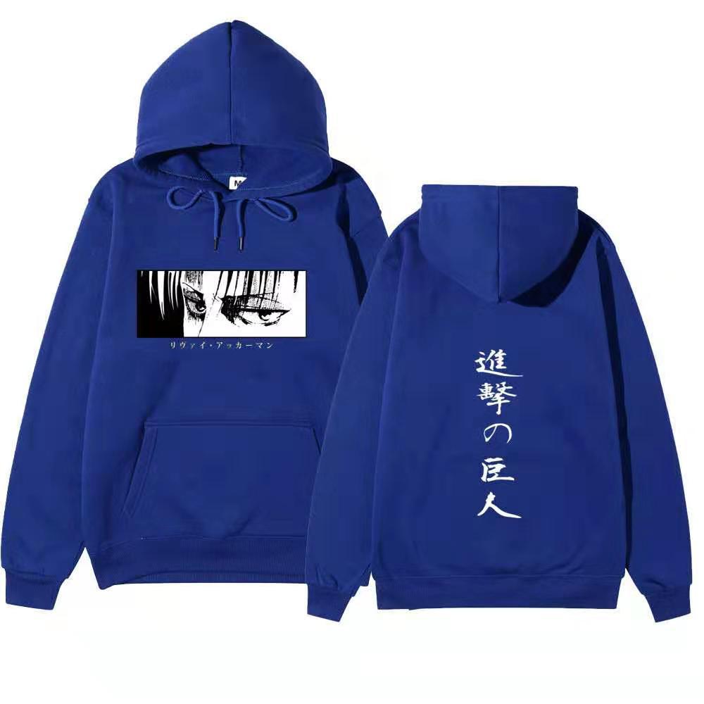 Attack On Titan Levi Ackerman Hoodie Unisex Fleece Sweatshirt Front Manga Eyes Print, Back Japanese Text, Autumn Winter Casual Pullover