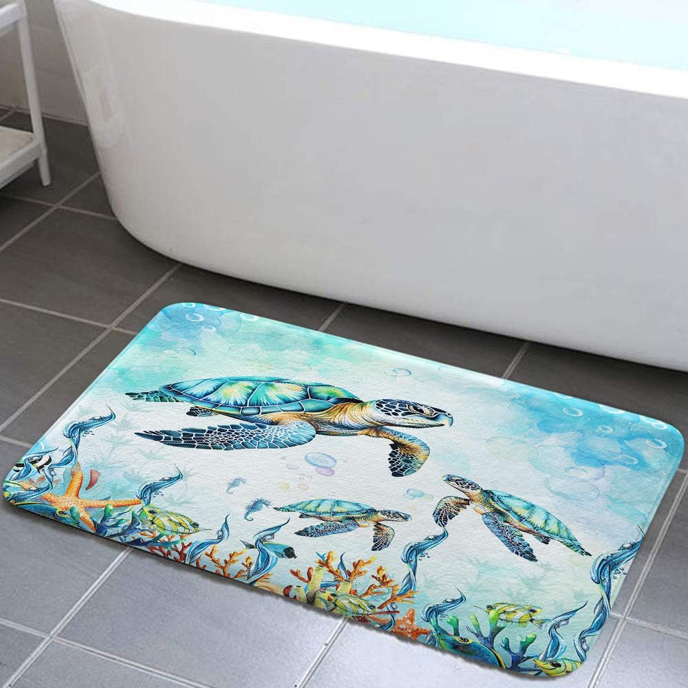 Watercolor Sea Turtle Blue Bathroom Rugs, Nautical Marine Animals Underwater Sea World Bath Rugs, Cute Bath Mats for Bathroom Shower Floor Decor, 17