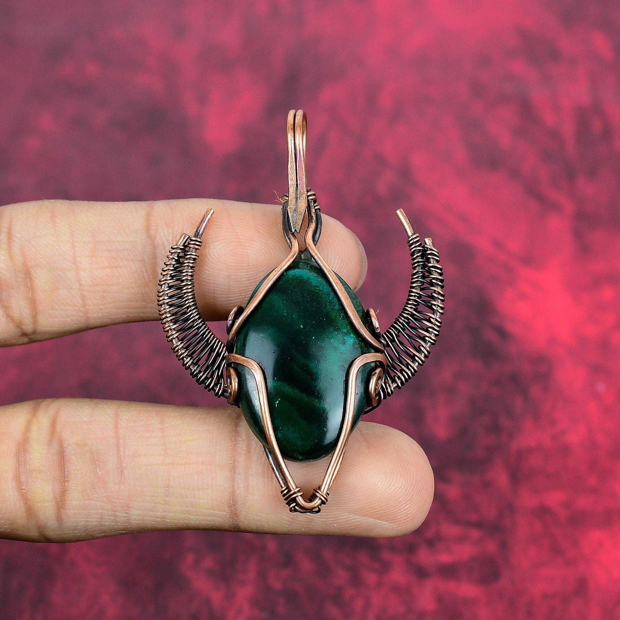 Malachite pendant copper wire wrapped pendant bull face shape pendant gemstone copper jewelry handmade pendant for gifts wire wrap jewelry