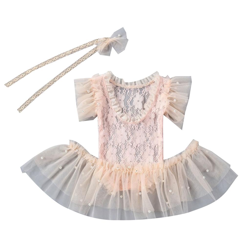 Lace Dress Photography Props Baby Shooting Outfits with Headband Skirt Bodysuits Skin-Friendly Clothes for Newborns 3Pcs