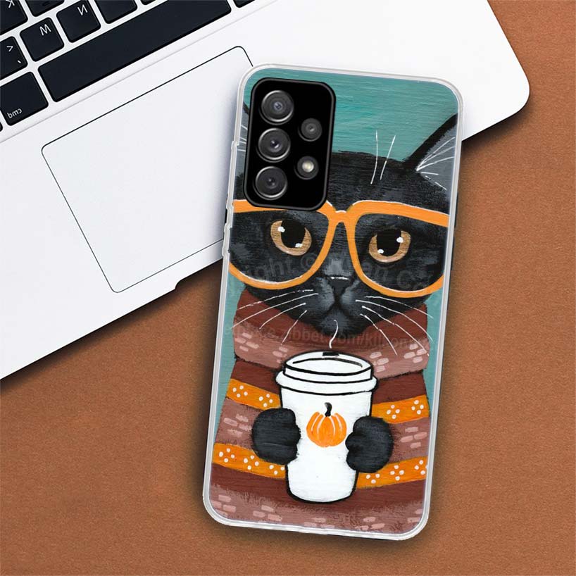 Latte Kávový Mléčný Nápoj Kočka Pouzdro na Telefon Pro Samsung Galaxy A53 A52 A73 A72 A12 5G A13 A22 A23 A32 A33 A02S A03S A42 A43 A50S Coqu