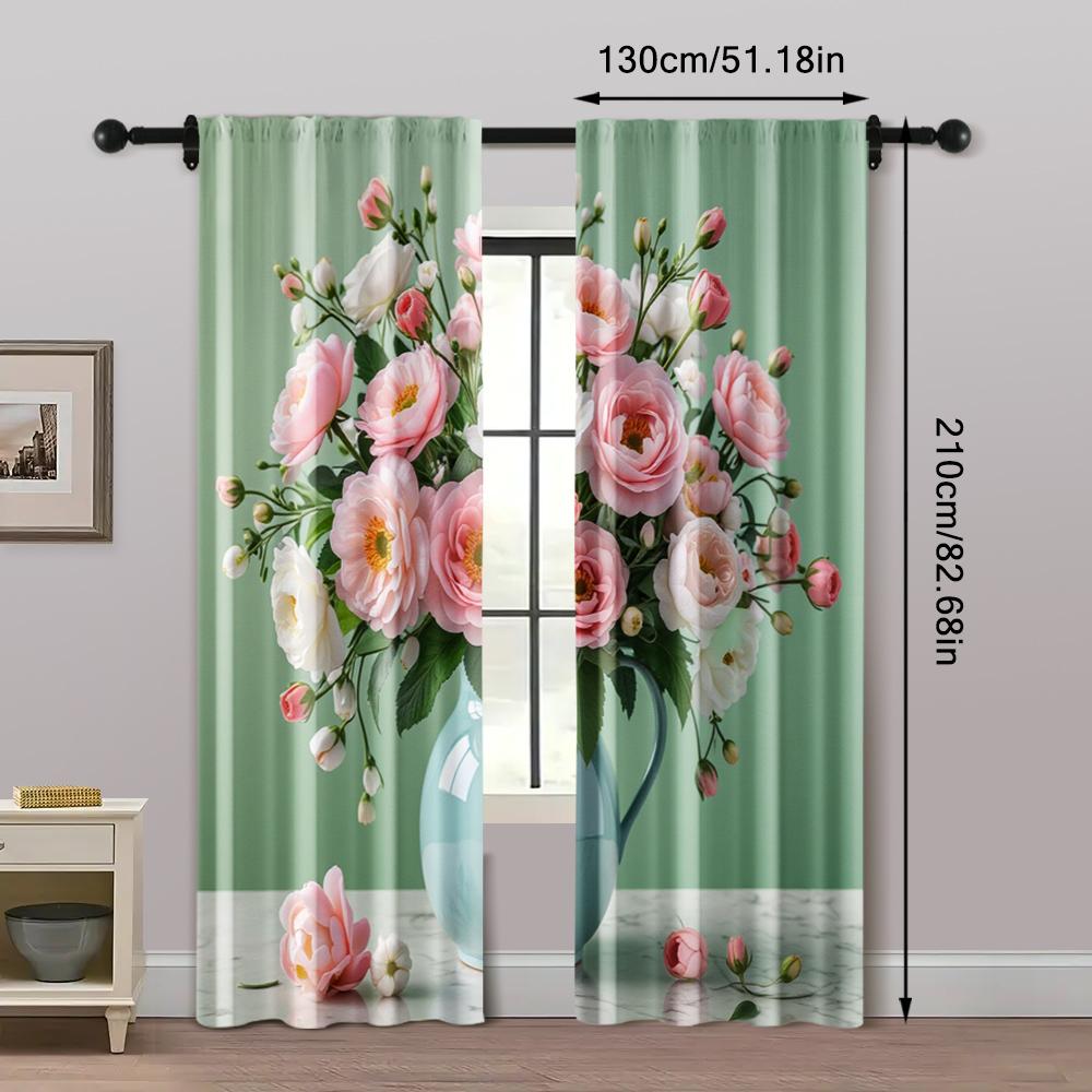 2pcs, Popular Curtain Panels Green Flowers Machine Washable Polyester (without rod) Stuff Clearance for Kitchen Living Room