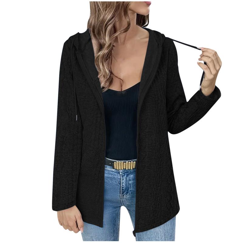Women's New Spring Autumn Winter Loose Zipper Long-sleeved Hooded Top Solid Color Casual Cardigan Jacket