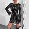 New Elegant Women's Mesh Polka Dot Printing Backless Dress Round Neck Long Sleeve Party Dress Sexy Thin Slim Fit See Through Minishort Dresses