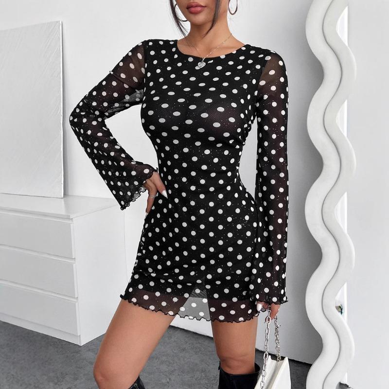 New Elegant Women's Mesh Polka Dot Printing Backless Dress Round Neck Long Sleeve Party Dress Sexy Thin Slim Fit See Through Minishort Dresses