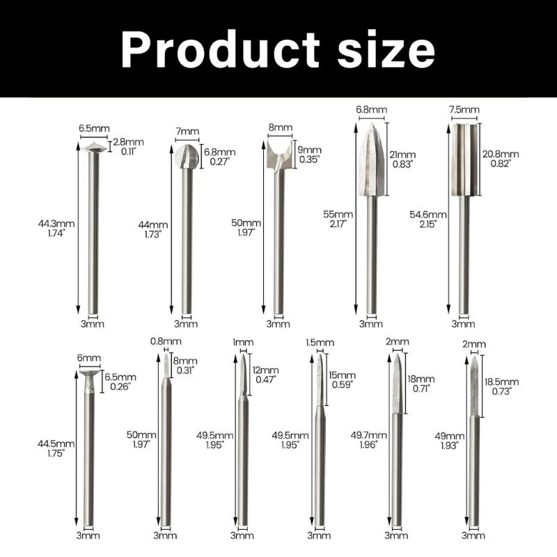 Professional Stainless Steel Wood Carving Engraving Drill Bit Kit 1mm to 10mm 11 Pieces Rotary Tool Projects Accessories